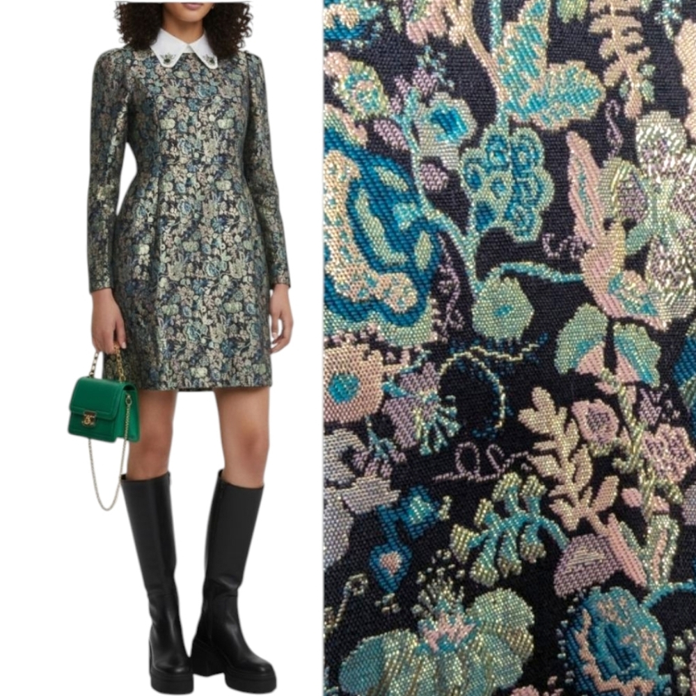 Floral Brocade Long-Sleeve Mini Dress with Contrast Collar